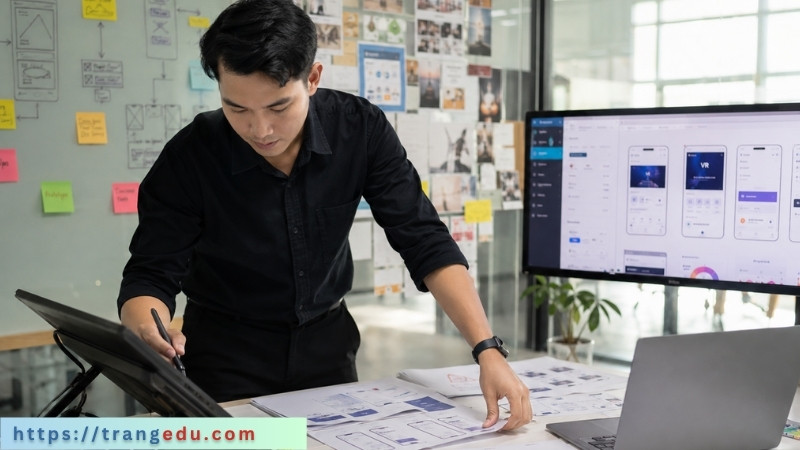 UI UX Designer thiết kế giao diện ứng dụng trong không gian làm việc sáng tạo