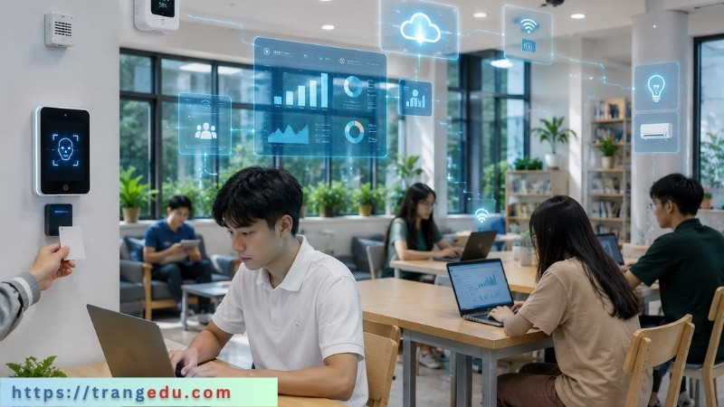 Minh họa ứng dụng IoT trong giáo dục với lớp học thông minh và thiết bị kết nối