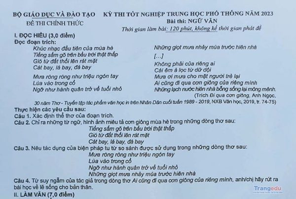 Đề thi, Bài làm môn Ngữ văn kỳ thi tốt nghiệp THPT năm 2023