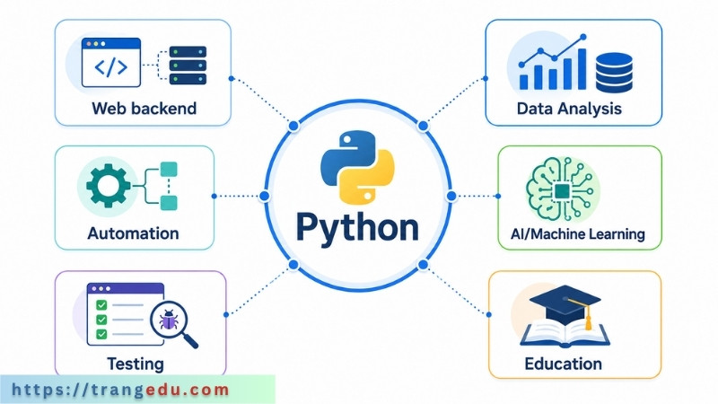 Infographic các ứng dụng phổ biến của Python trong web, dữ liệu, AI và tự động hóa