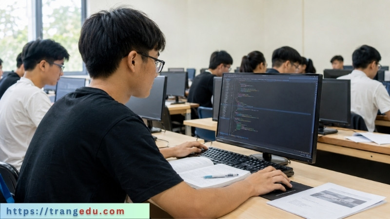 Sinh viên công nghệ thông tin học Python trong phòng lab máy tính