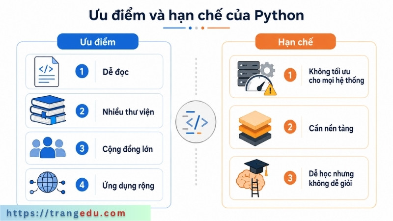 Infographic so sánh ưu điểm và hạn chế của Python cho người mới học